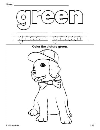 Free puppy color green coloring page and color worksheet, green worksheet for preschoolers to learn colors, printable PDF