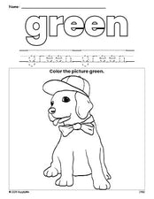 Free puppy color green coloring page and color worksheet, green worksheet for preschoolers to learn colors, printable PDF