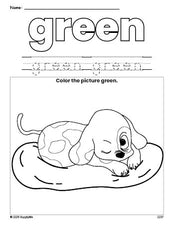 Free puppy color green coloring page and color worksheet, green worksheet for preschoolers to learn colors, printable PDF