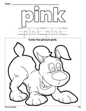 Free puppy color pink coloring page and color worksheet, pink worksheet for preschoolers to learn colors, printable PDF