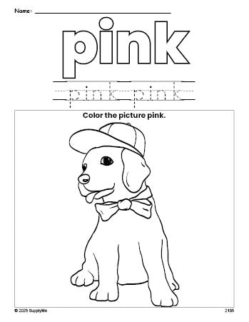 Free puppy color pink coloring page and color worksheet, pink worksheet for preschoolers to learn colors, printable PDF