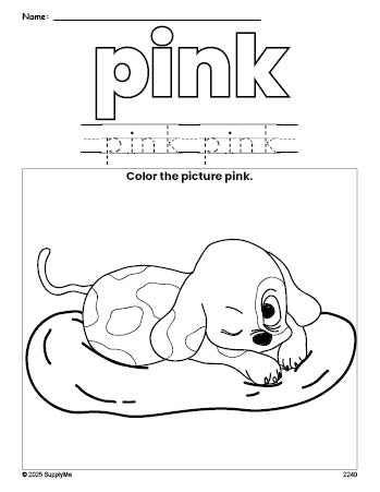 Free puppy color pink coloring page and color worksheet, pink worksheet for preschoolers to learn colors, printable PDF