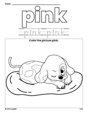 Free puppy color pink coloring page and color worksheet, pink worksheet for preschoolers to learn colors, printable PDF