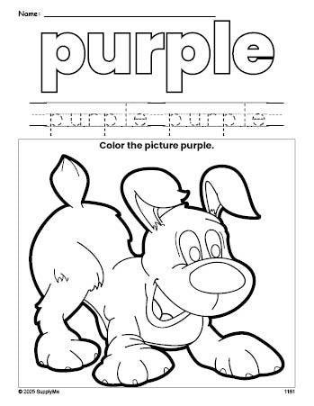 Free puppy color purple coloring page and color worksheet, purple worksheet for preschoolers to learn colors, printable PDF