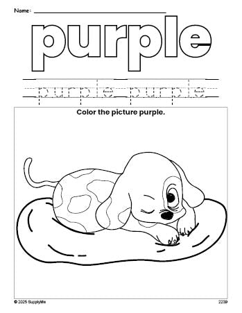 Free puppy color purple coloring page and color worksheet, purple worksheet for preschoolers to learn colors, printable PDF