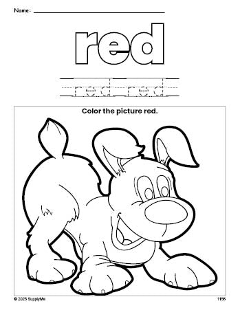 Free puppy color red coloring page and color worksheet, red worksheet for preschoolers to learn colors, printable PDF