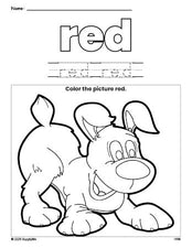 Free puppy color red coloring page and color worksheet, red worksheet for preschoolers to learn colors, printable PDF