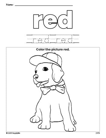 Free puppy color red coloring page and color worksheet, red worksheet for preschoolers to learn colors, printable PDF