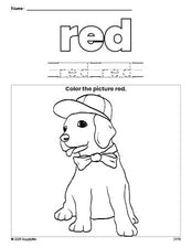 Free puppy color red coloring page and color worksheet, red worksheet for preschoolers to learn colors, printable PDF