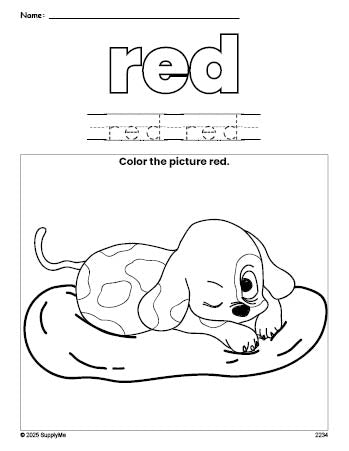 Free puppy color red coloring page and color worksheet, red worksheet for preschoolers to learn colors, printable PDF