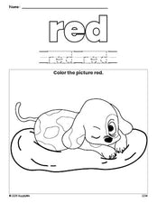 Free puppy color red coloring page and color worksheet, red worksheet for preschoolers to learn colors, printable PDF