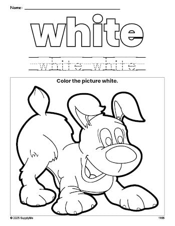 Free puppy color white coloring page and color worksheet, white worksheet for preschoolers to learn colors, printable PDF