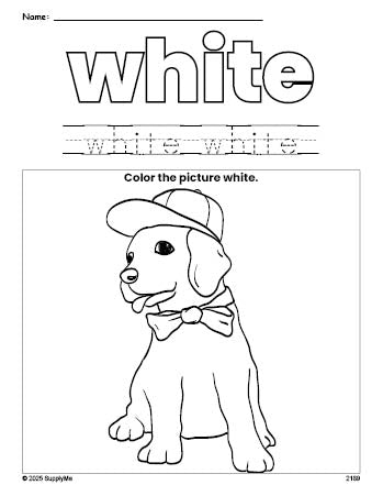 Free puppy color white coloring page and color worksheet, white worksheet for preschoolers to learn colors, printable PDF