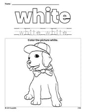 Free puppy color white coloring page and color worksheet, white worksheet for preschoolers to learn colors, printable PDF