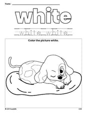 Free puppy color white coloring page and color worksheet, white worksheet for preschoolers to learn colors, printable PDF