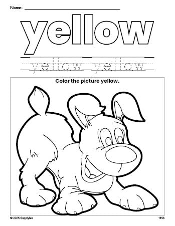 Free puppy color yellow coloring page and color worksheet, yellow worksheet for preschoolers to learn colors, printable PDF