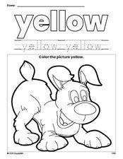 Free puppy color yellow coloring page and color worksheet, yellow worksheet for preschoolers to learn colors, printable PDF