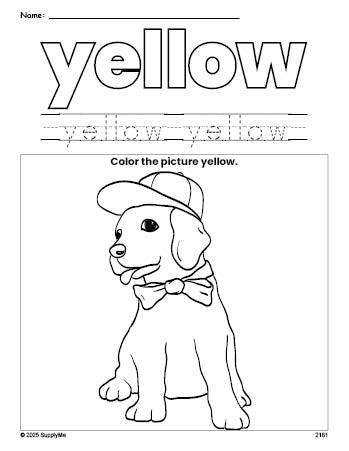 Free puppy color yellow coloring page and color worksheet, yellow worksheet for preschoolers to learn colors, printable PDF