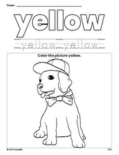 Free puppy color yellow coloring page and color worksheet, yellow worksheet for preschoolers to learn colors, printable PDF