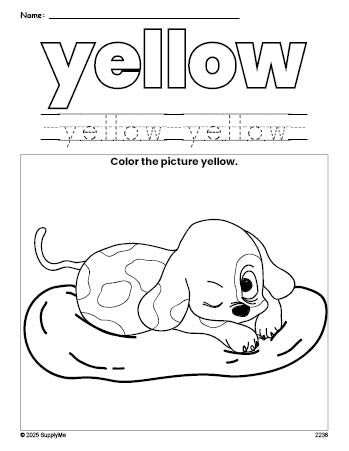 Free puppy color yellow coloring page and color worksheet, yellow worksheet for preschoolers to learn colors, printable PDF