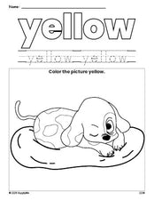 Free puppy color yellow coloring page and color worksheet, yellow worksheet for preschoolers to learn colors, printable PDF