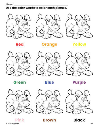 Free puppy coloring page and color worksheet for preschoolers to learn colors, printable PDF