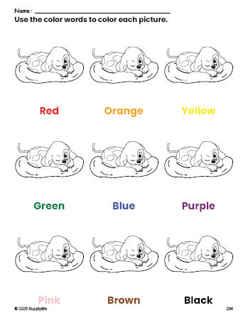 Free puppy coloring page and color worksheet for preschoolers to learn colors, printable PDF