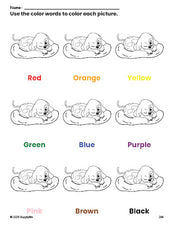 Free puppy coloring page and color worksheet for preschoolers to learn colors, printable PDF