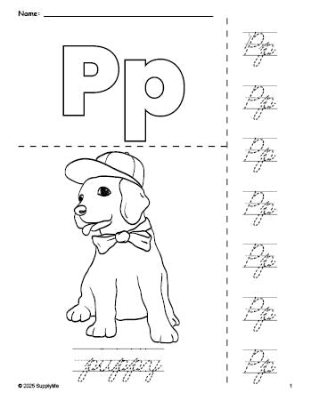 Free printable puppy coloring page and cursive letter tracing worksheet, letter p worksheet for preschool, pre-k, and kindergarten, PDF