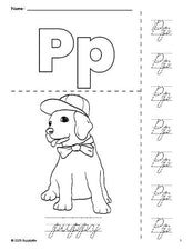 Free printable puppy coloring page and cursive letter tracing worksheet, letter p worksheet for preschool, pre-k, and kindergarten, PDF