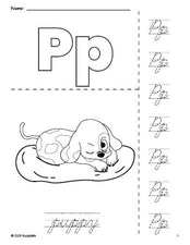 Free printable puppy coloring page and cursive letter tracing worksheet, letter p worksheet for preschool, pre-k, and kindergarten, PDF