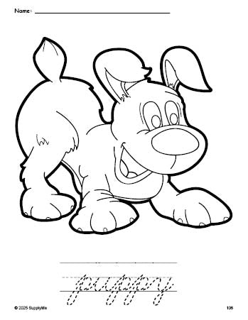 Free printable puppy coloring page and cursive word tracing worksheet, perfect for preschool, pre-k, and kindergarten, PDF