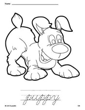 Free printable puppy coloring page and cursive word tracing worksheet, perfect for preschool, pre-k, and kindergarten, PDF