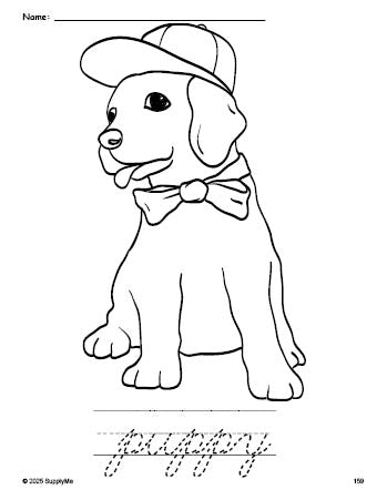 Free printable puppy coloring page and cursive word tracing worksheet, perfect for preschool, pre-k, and kindergarten, PDF