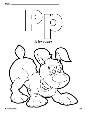 Free printable puppy coloring page, letter p coloring page for preschool, pre-k, and kindergarten, PDF