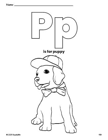 Free printable puppy coloring page, letter p coloring page for preschool, pre-k, and kindergarten, PDF