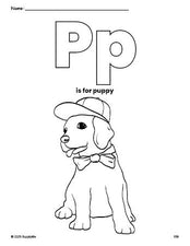 Free printable puppy coloring page, letter p coloring page for preschool, pre-k, and kindergarten, PDF