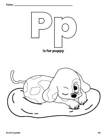 Free printable puppy coloring page, letter p coloring page for preschool, pre-k, and kindergarten, PDF