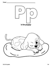 Free printable puppy coloring page, letter p coloring page for preschool, pre-k, and kindergarten, PDF