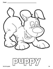 Free printable puppy coloring page for preschool, pre-k, and kindergarten, PDF