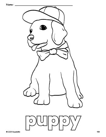 Free printable puppy coloring page for preschool, pre-k, and kindergarten, PDF