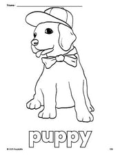 Free printable puppy coloring page for preschool, pre-k, and kindergarten, PDF