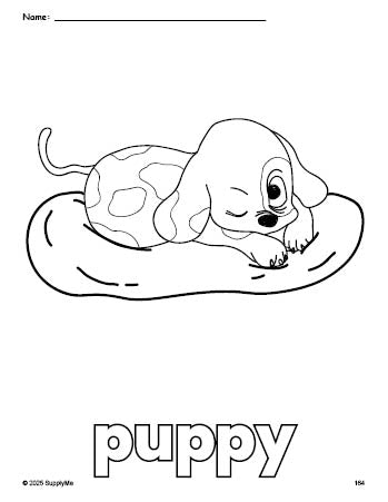 Free printable puppy coloring page for preschool, pre-k, and kindergarten, PDF