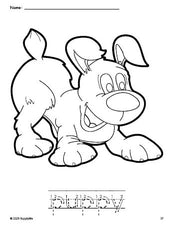 Free printable puppy coloring page and word tracing worksheet, letter formation guides, perfect for preschool, pre-k, and kindergarten, PDF