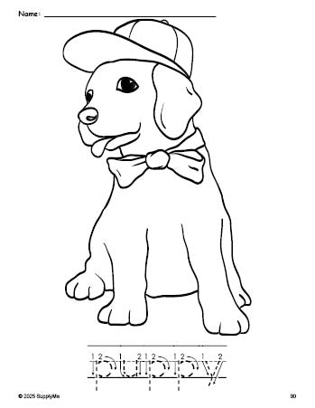 Free printable puppy coloring page and word tracing worksheet, letter formation guides, perfect for preschool, pre-k, and kindergarten, PDF