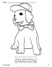 Free printable puppy coloring page and word tracing worksheet, letter formation guides, perfect for preschool, pre-k, and kindergarten, PDF