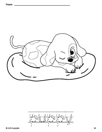 Free printable puppy coloring page and word tracing worksheet, letter formation guides, perfect for preschool, pre-k, and kindergarten, PDF