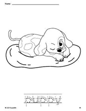 Free printable puppy coloring page and word tracing worksheet, letter formation guides, perfect for preschool, pre-k, and kindergarten, PDF