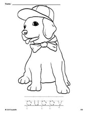 Free printable puppy coloring page and word tracing worksheet, perfect for preschool, pre-k, and kindergarten, PDF