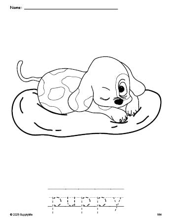 Free printable puppy coloring page and word tracing worksheet, perfect for preschool, pre-k, and kindergarten, PDF